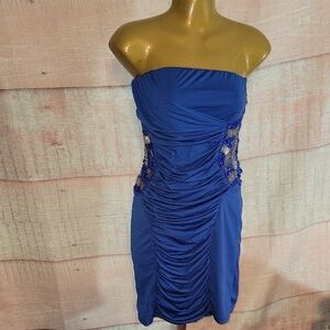 Dots Blue Strapless Evening Dress